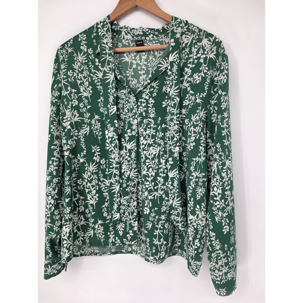 Shein Long Sleeve Blouse Size Large Green White Floral Tie Neck Mandarin Collar